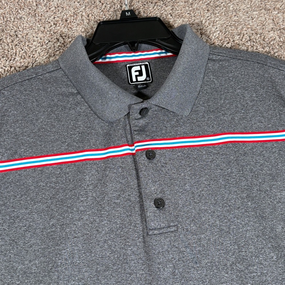 FootJoy Mens Athletic Fit Grey Striped Golf Polo Shirt XL Short Sleeve FJ